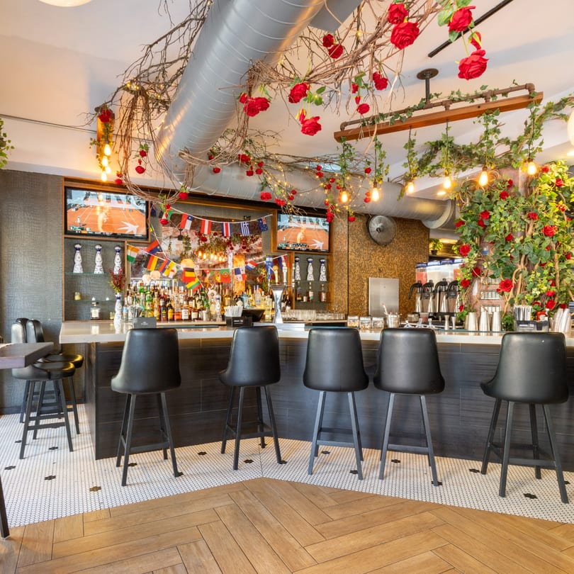 A vibrant bar with a white counter, black stools, and red roses and greenery decorating the ceiling.